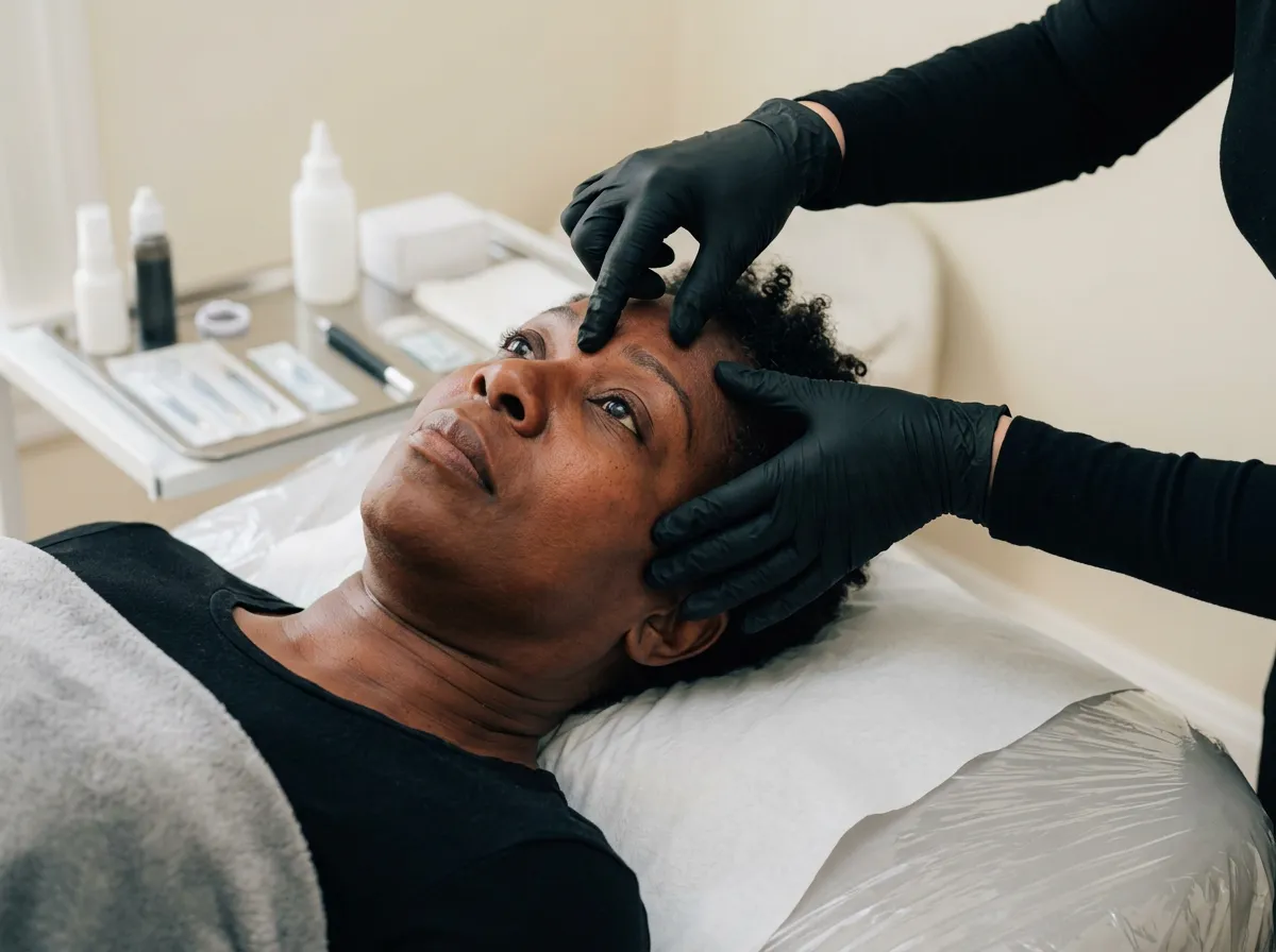 Brow correction consultation: a gloved hand assessing old pigment