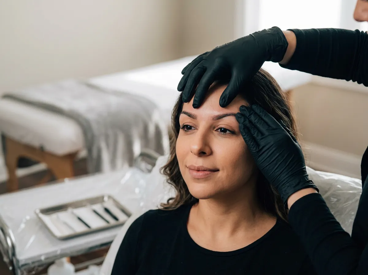 Brow touch-up consultation: a gloved hand checking a healed brow