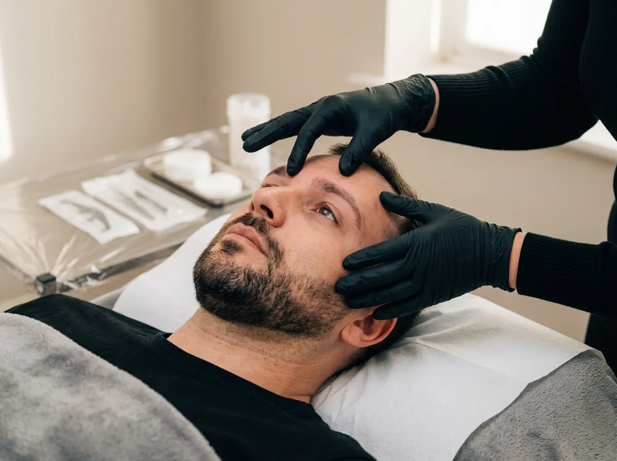 Brows for men consultation: a gloved hand assessing a man's brow