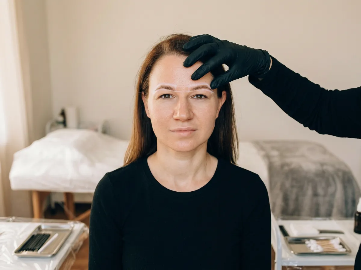 Combination brows consultation: a gloved hand assessing the brow