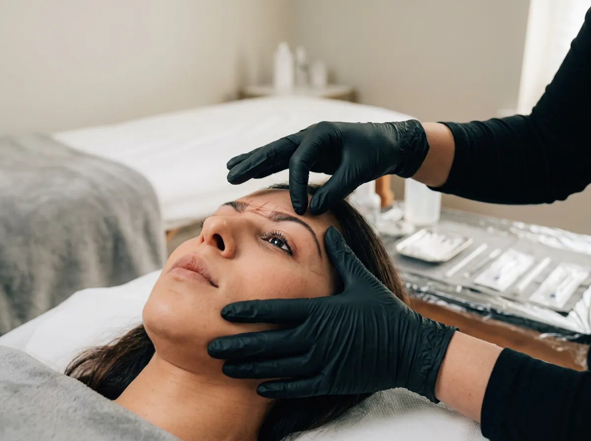 Microblading consultation: a gloved hand assessing the brow before any pigment