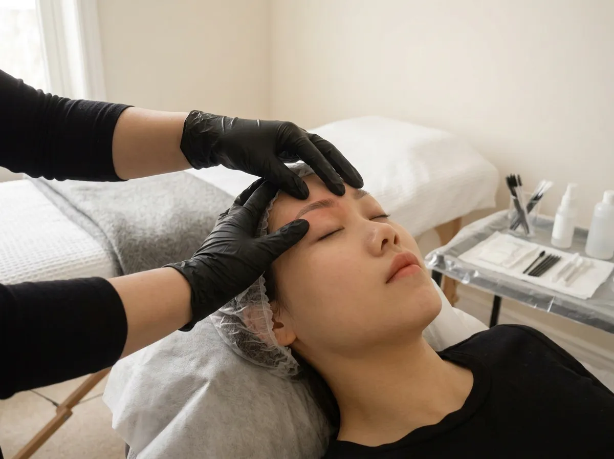 Powder ombre brows consultation: a gloved hand assessing the brow