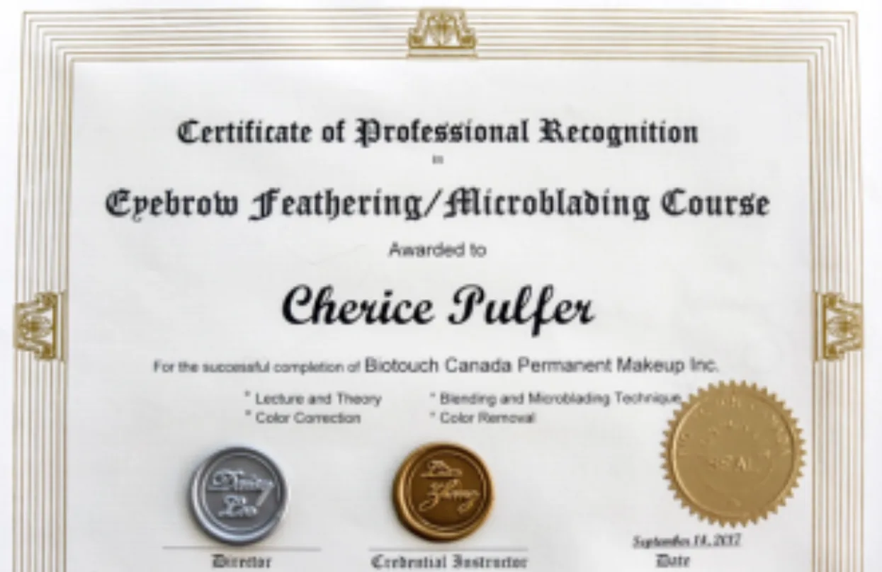 BioTouch Canada Eyebrow Feathering and Microblading certificate