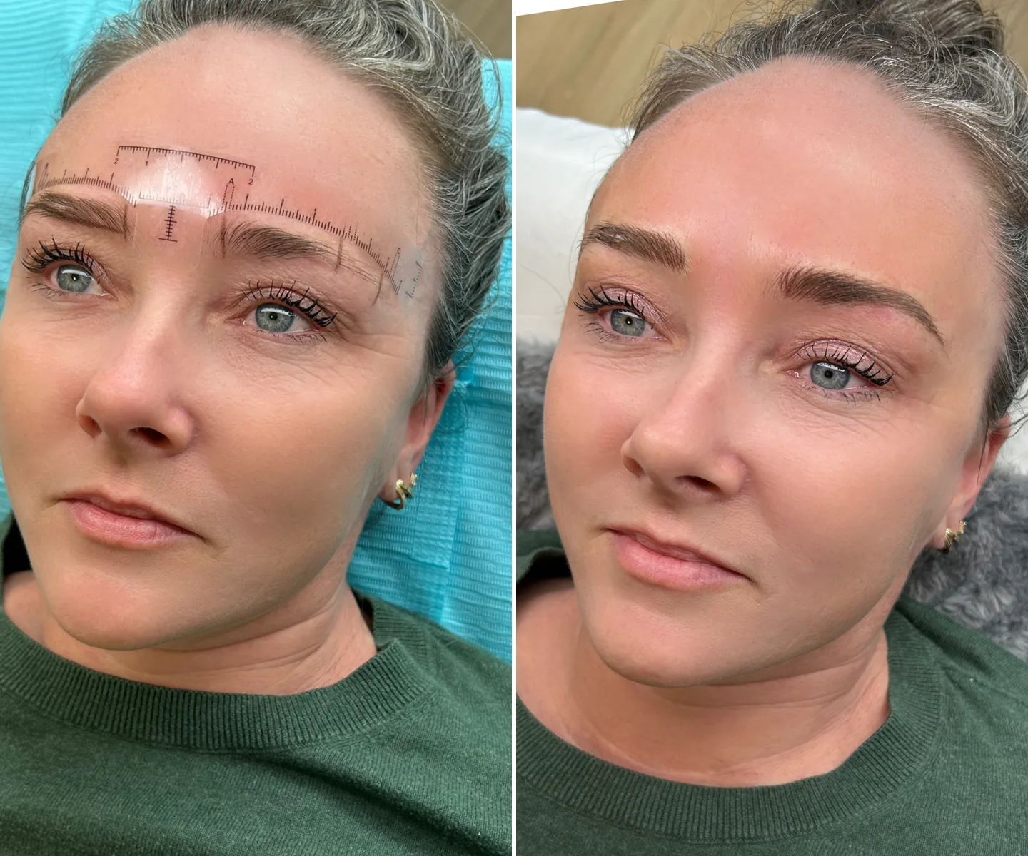 A gloved hand assessing a brow shape before any pigment